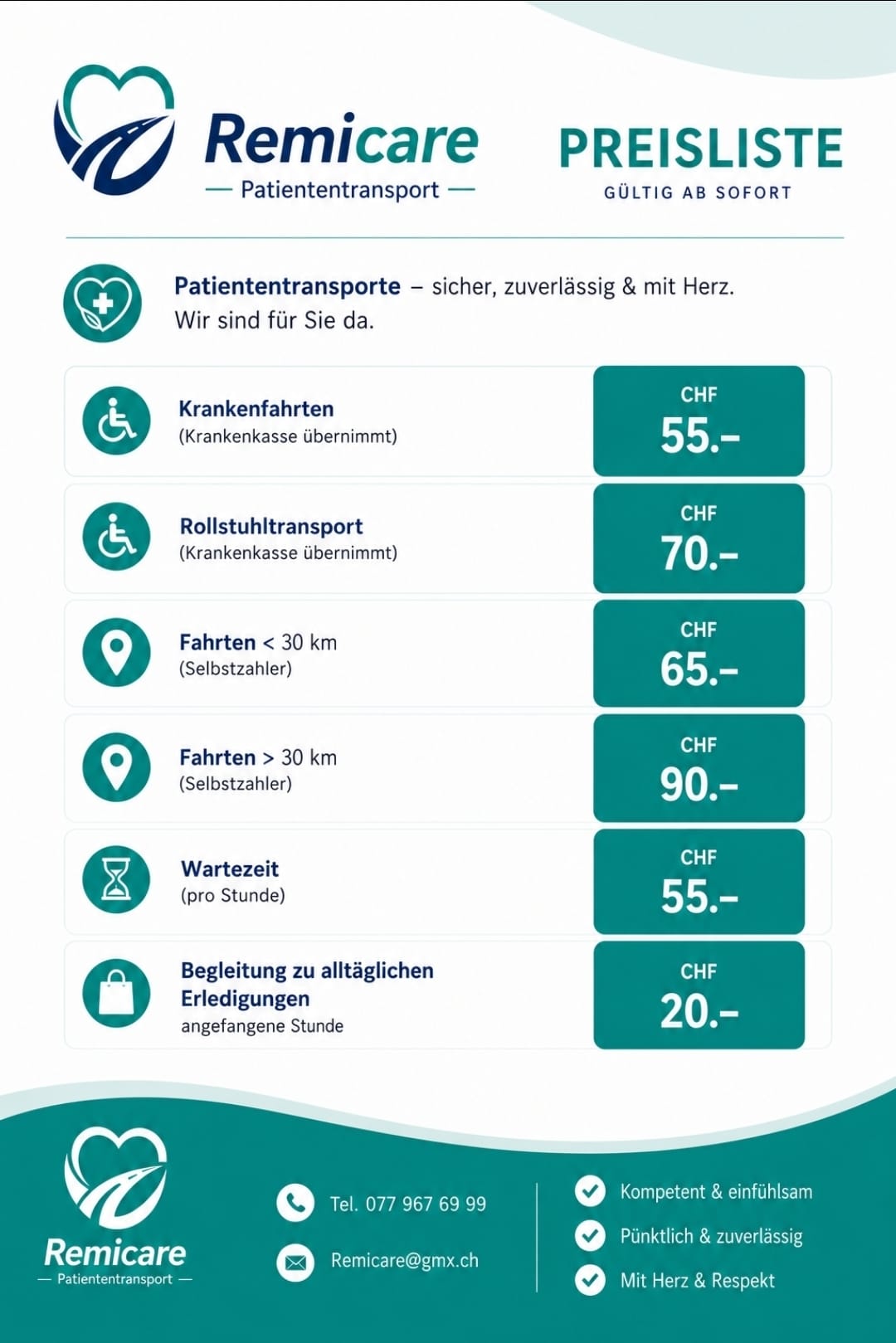 Remicare Preisliste für Fahrtendienste